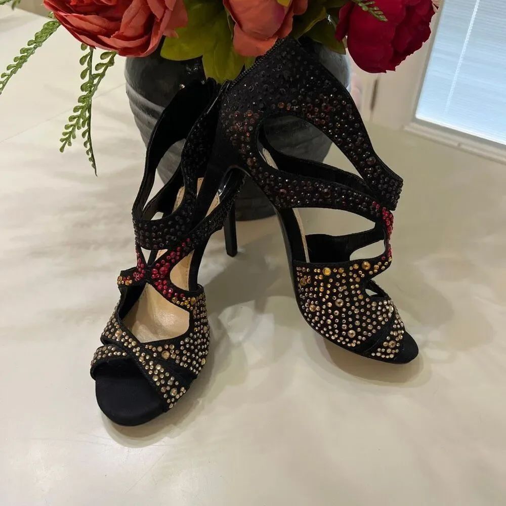Gianni Bini Womens Rhinestones Strappy Stiletto Heel Sandals Black Gold Size 6.5